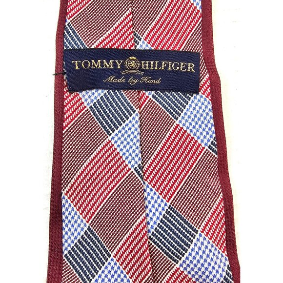 Tommy Hilfiger Handmade 100% Silk Red Blue Plaid Pattern Mens Neck Tie - Picture 4 of 8
